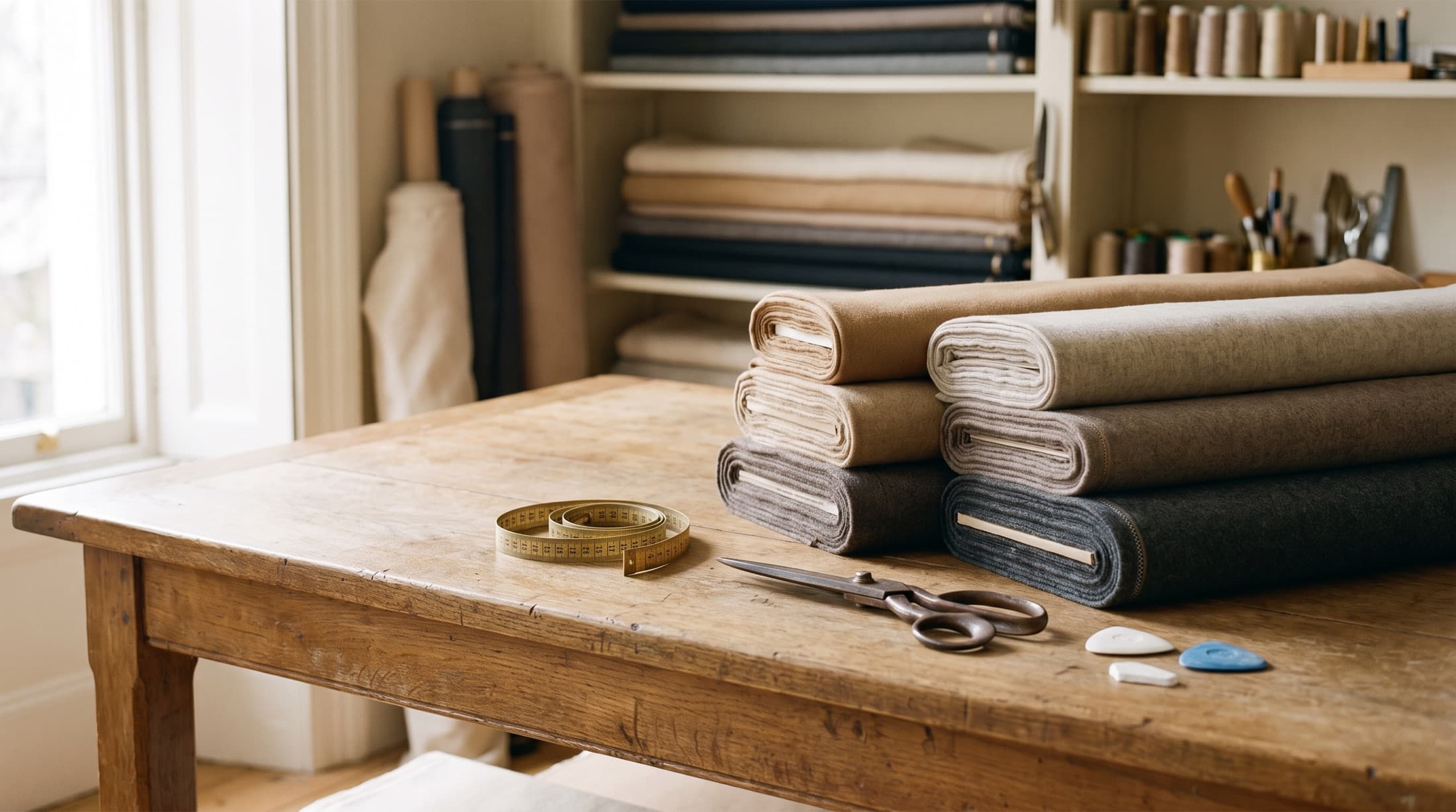 Folded suiting cloth on a tailor's cutting table