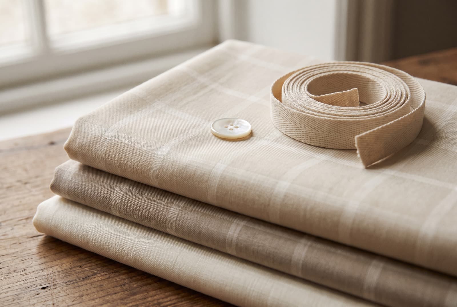 Folded shirting cloth with a mother-of-pearl button and a coil of cotton tape