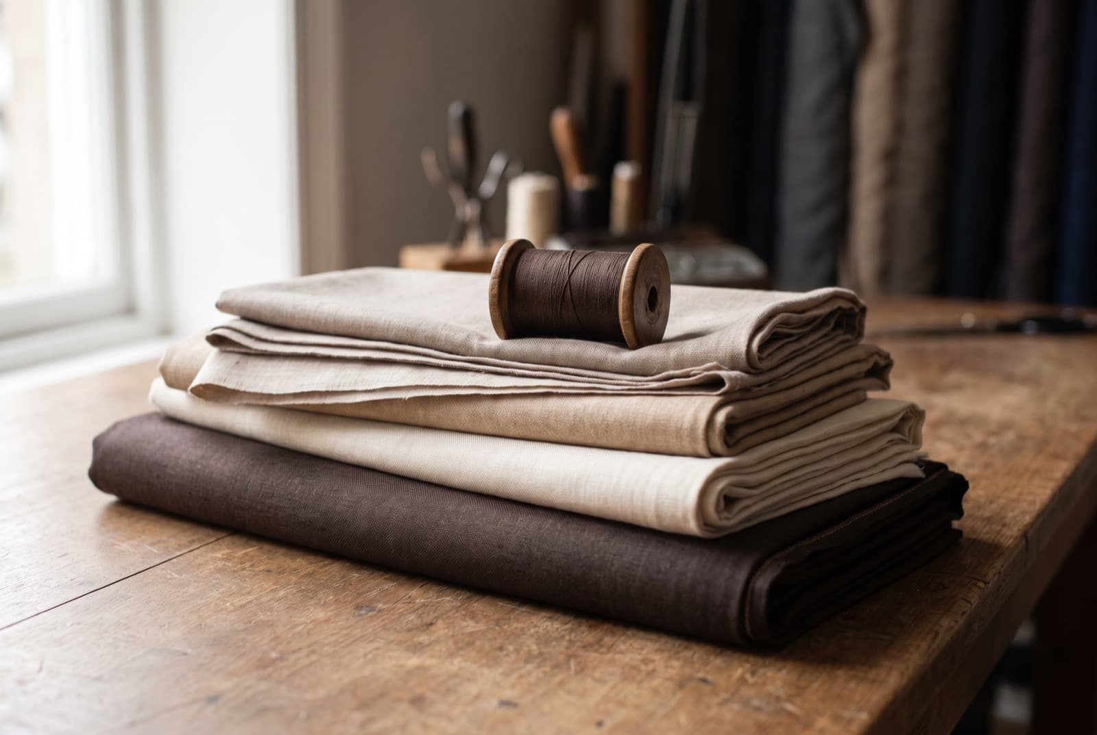 A stack of folded suiting cloth with a wooden spool of thread, on a cutting table