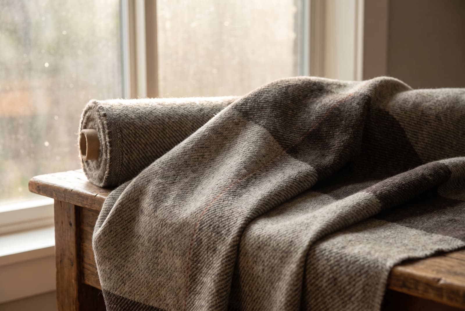 A bolt of natural wool suiting draped over a bench in window light